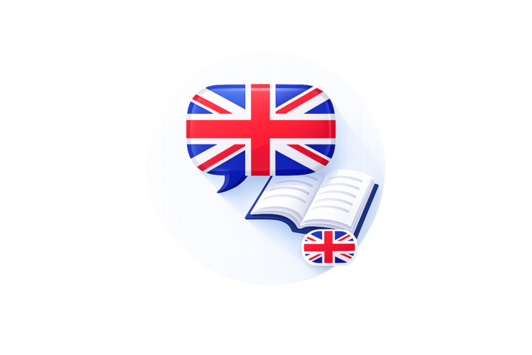 Sprechblase mit Buch und Union Jack